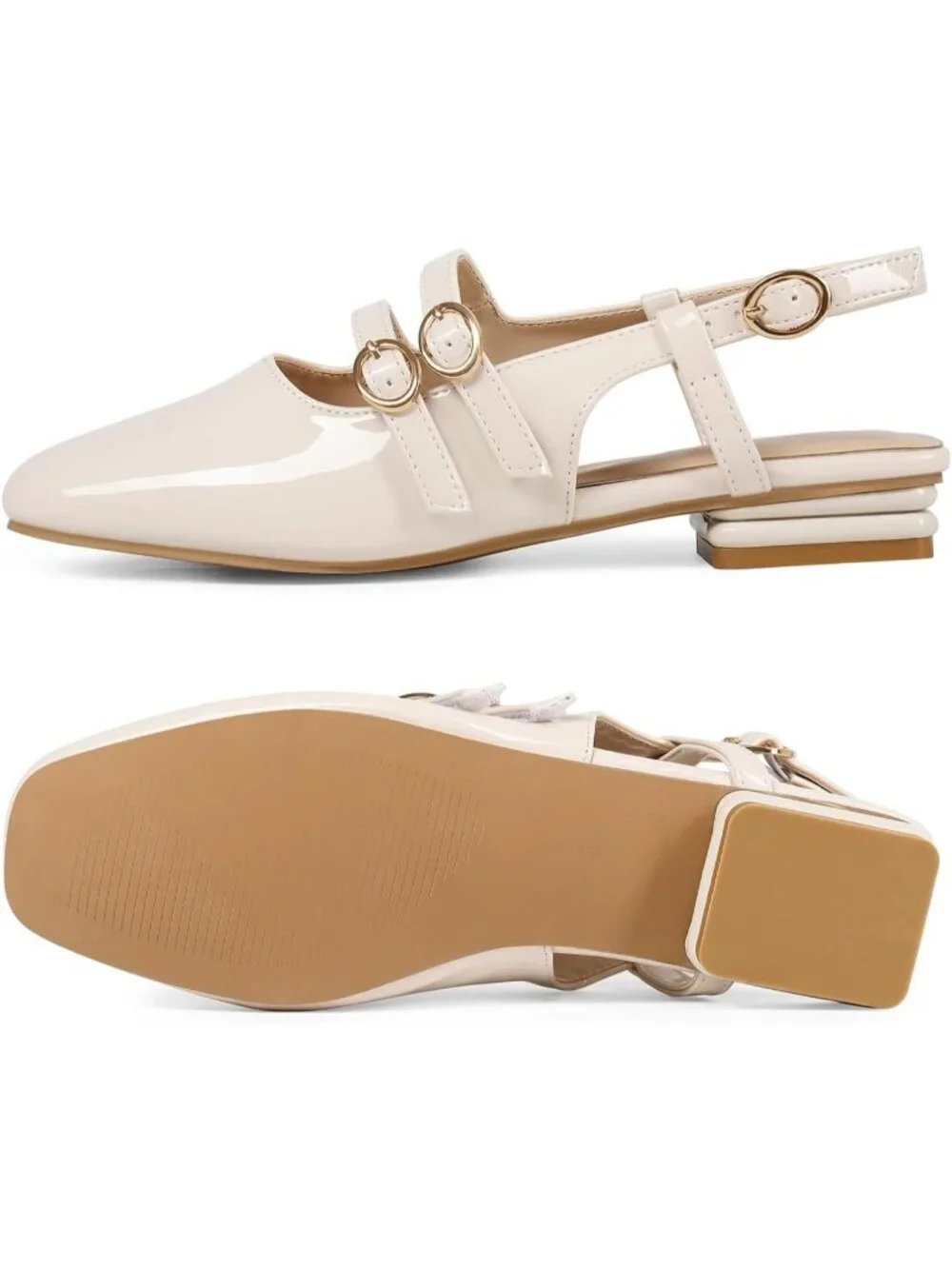 Women's Apricot Faux Leather Closed Square Toe Strap Slingback Low Heels Pumps